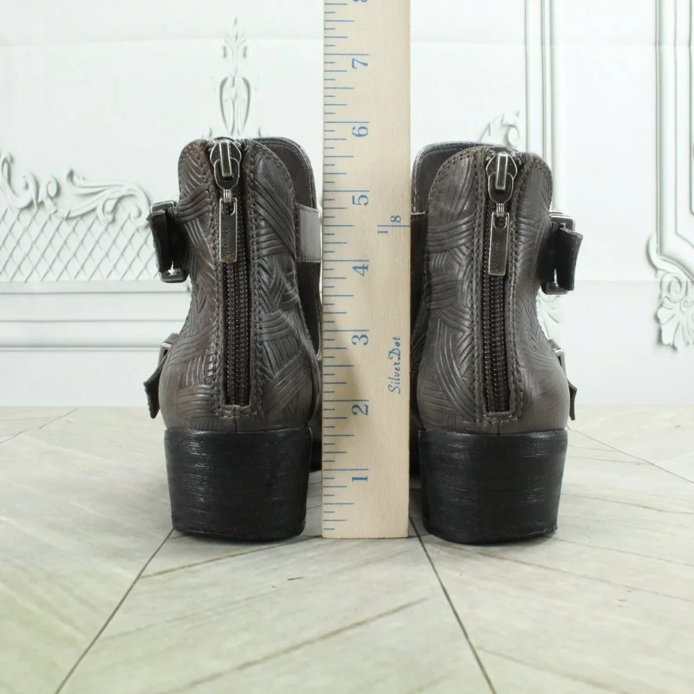 *The Sak Brown Leather Back Zipper Buckled Low Heeled Booties Size - Picture 6 of 9